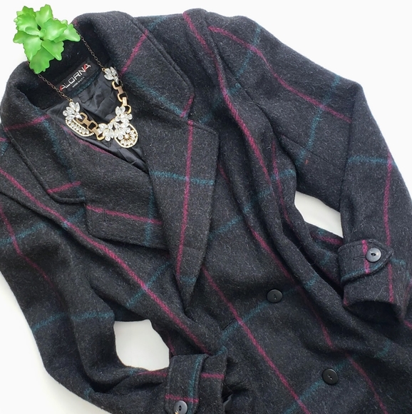 Vintage Jackets & Blazers - Vintage Alorna Gray Plaid Wool Double Breasted Coat Academia Size XL